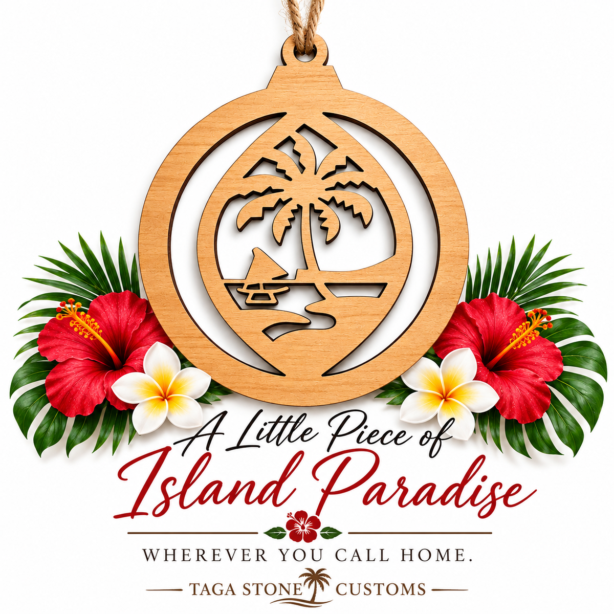 Laser-cut wooden tropical Christmas ornament featuring a palm tree, sailboat, and island shoreline with natural wood grain and rustic twine hanger. Displayed on a white background with red hibiscus, white plumeria flowers, and tropical greenery. Island-inspired holiday decor by Taga Stone Customs.